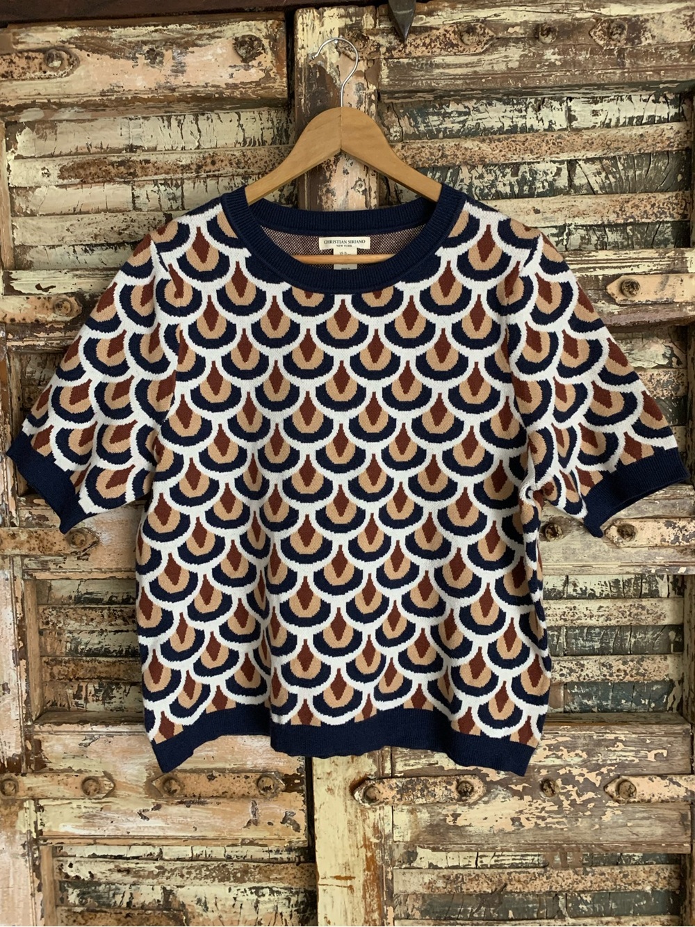 Christian Siriano Navy, White & Brown Patterned Short Sleeve Knit Top